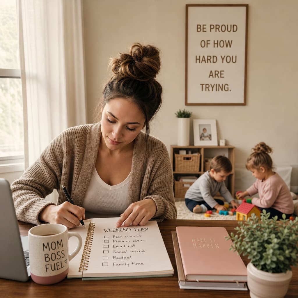 Mum planning her week at the table while two children play behind her