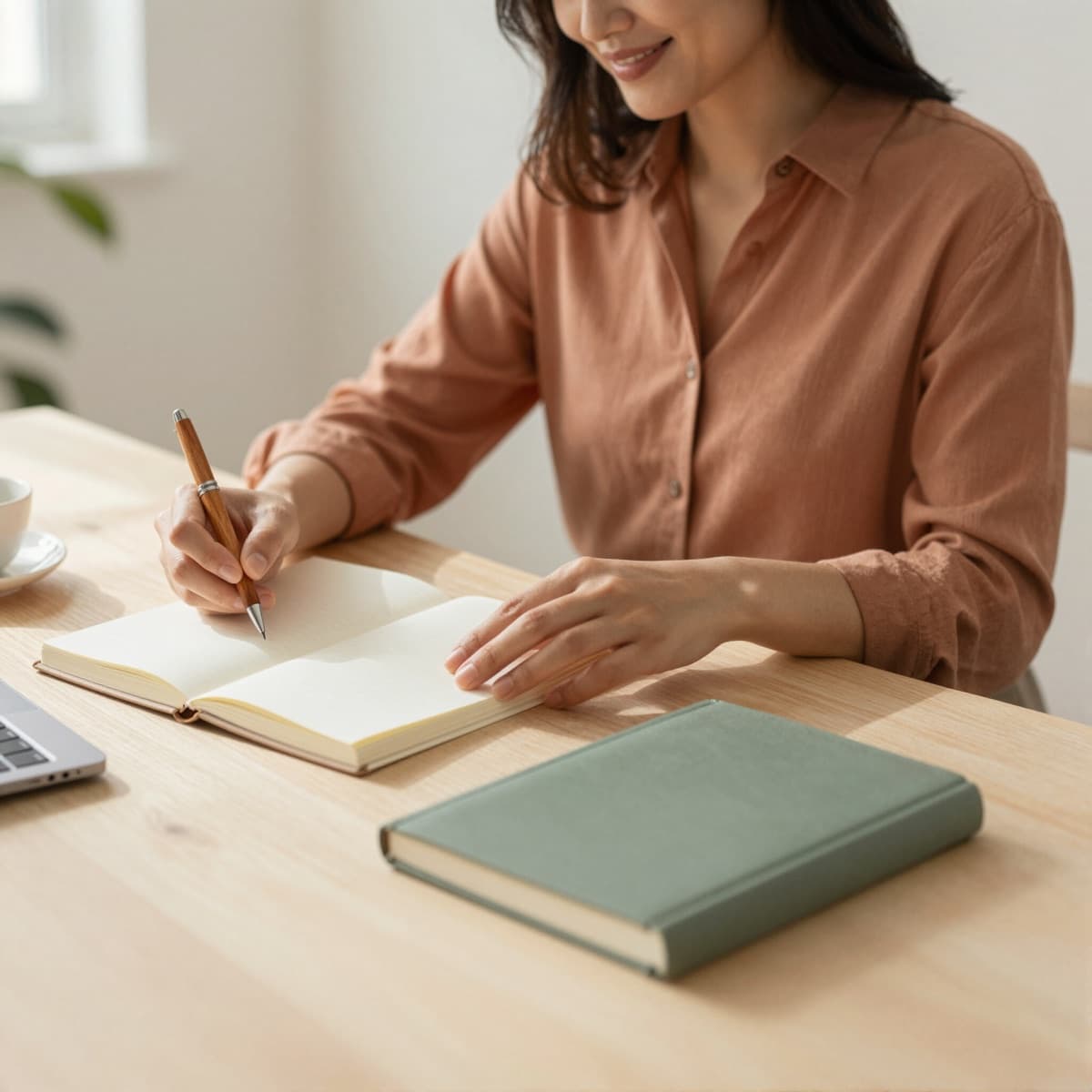 Woman writing in a notebook at a sunny desk